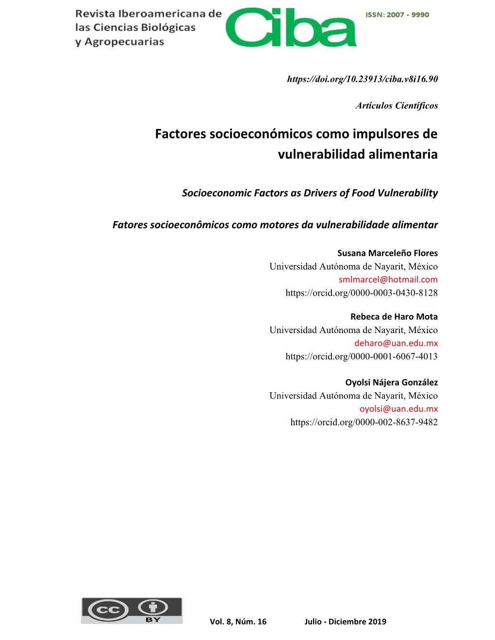 Factores Socioeconómicos Como Impulsores De Vulnerabilidad Alimentaria