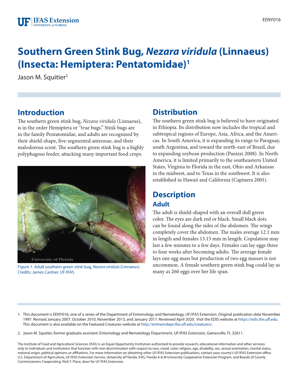 Southern Green Stink Bug, Nezara Viridula (Linnaeus) (Insecta: Hemiptera: Pentatomidae)1 Jason M