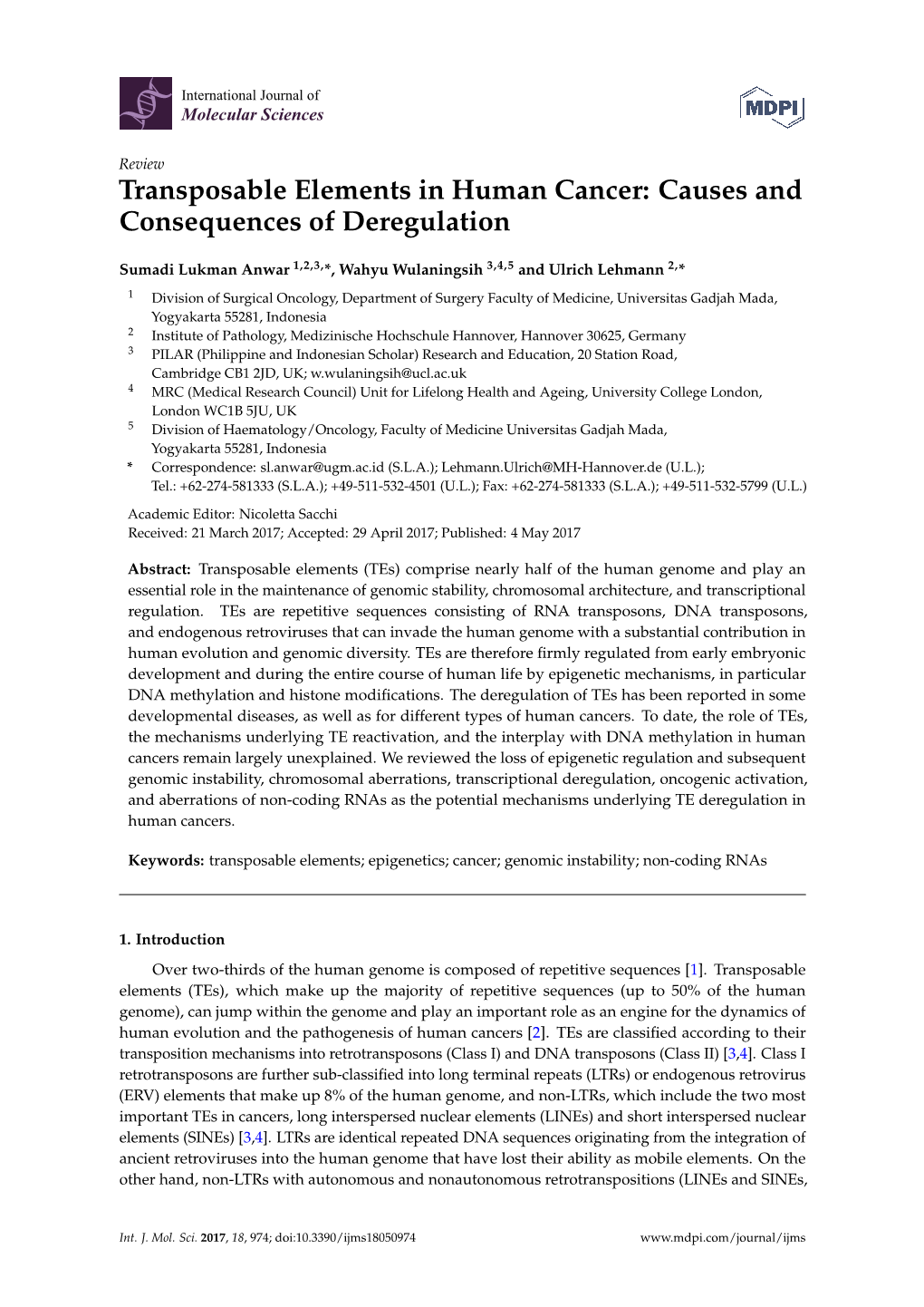 Transposable Elements in Human Cancer: Causes and Consequences of Deregulation