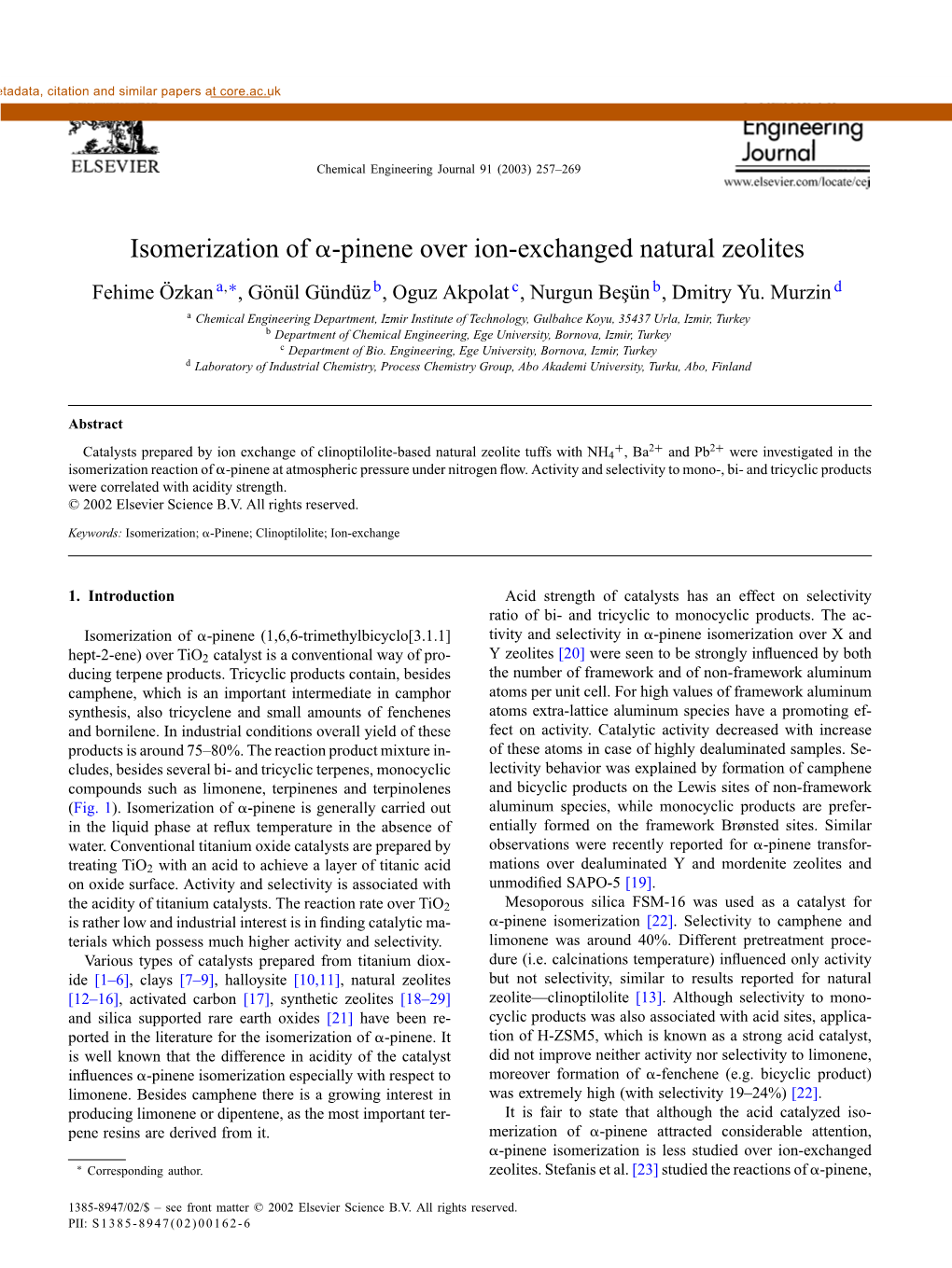 Isomerization of -Pinene Over Ion-Exchanged Natural Zeolites