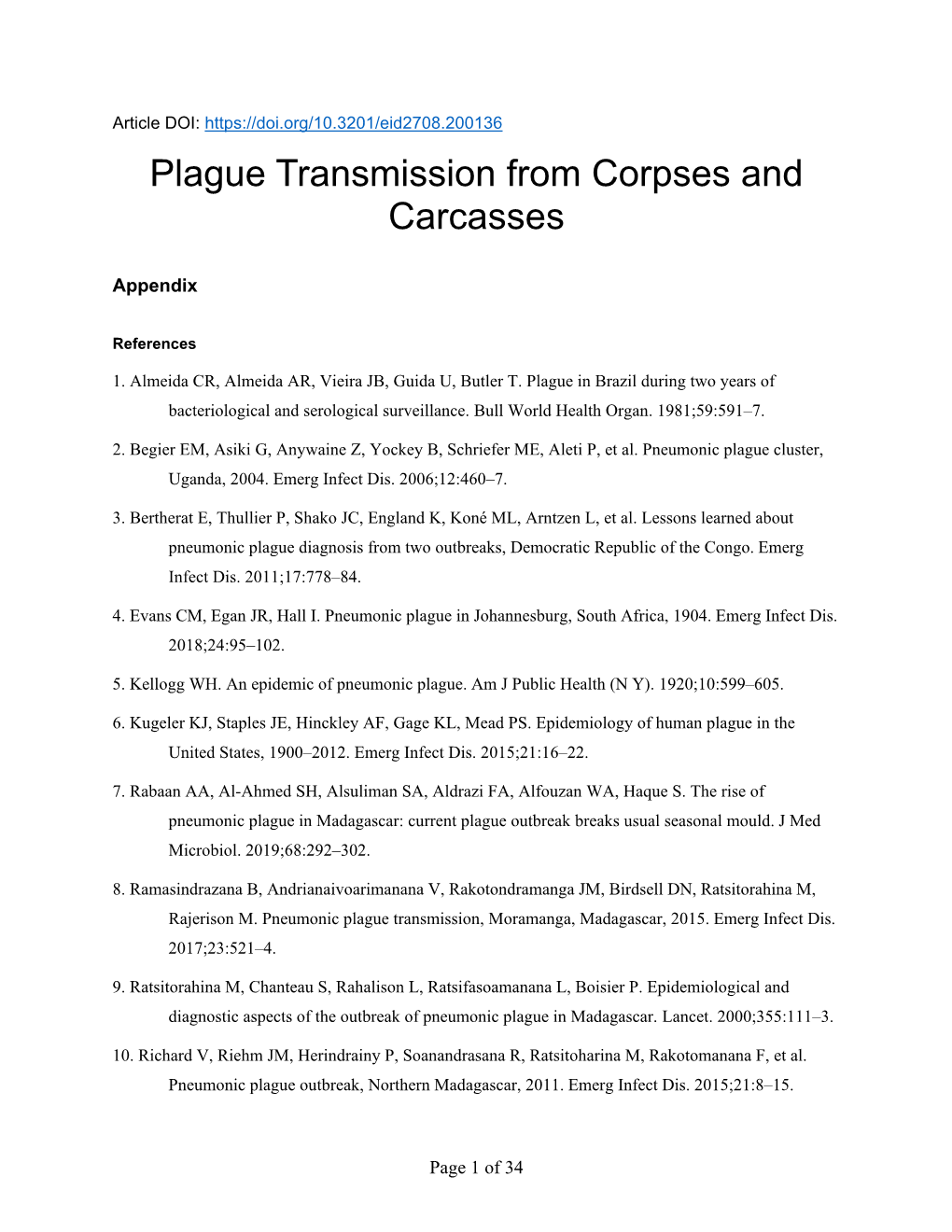 Plague Transmission from Corpses and Carcasses