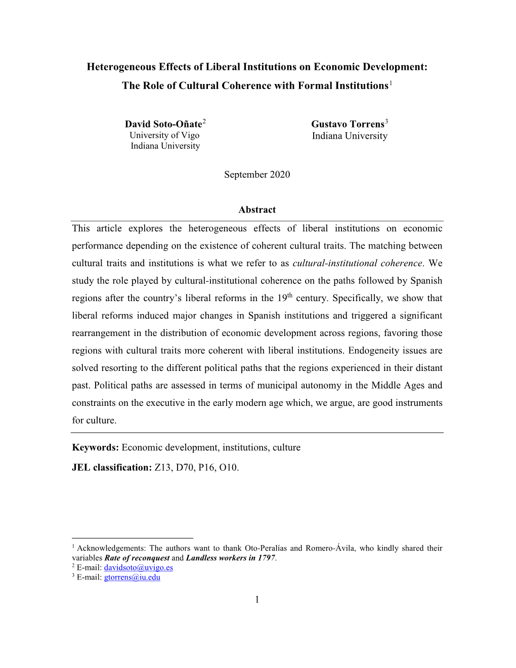 Heterogeneous Effects of Liberal Institutions on Economic Development: the Role of Cultural Coherence with Formal Institutions1