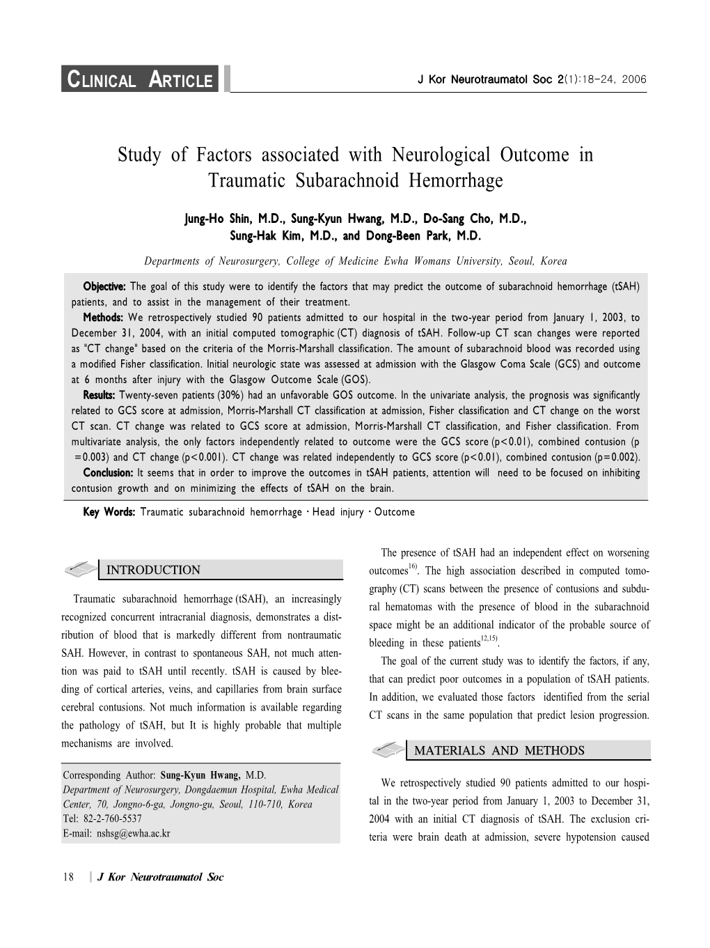 Study of Factors Associated with Neurological Outcome in Traumatic Subarachnoid Hemorrhage