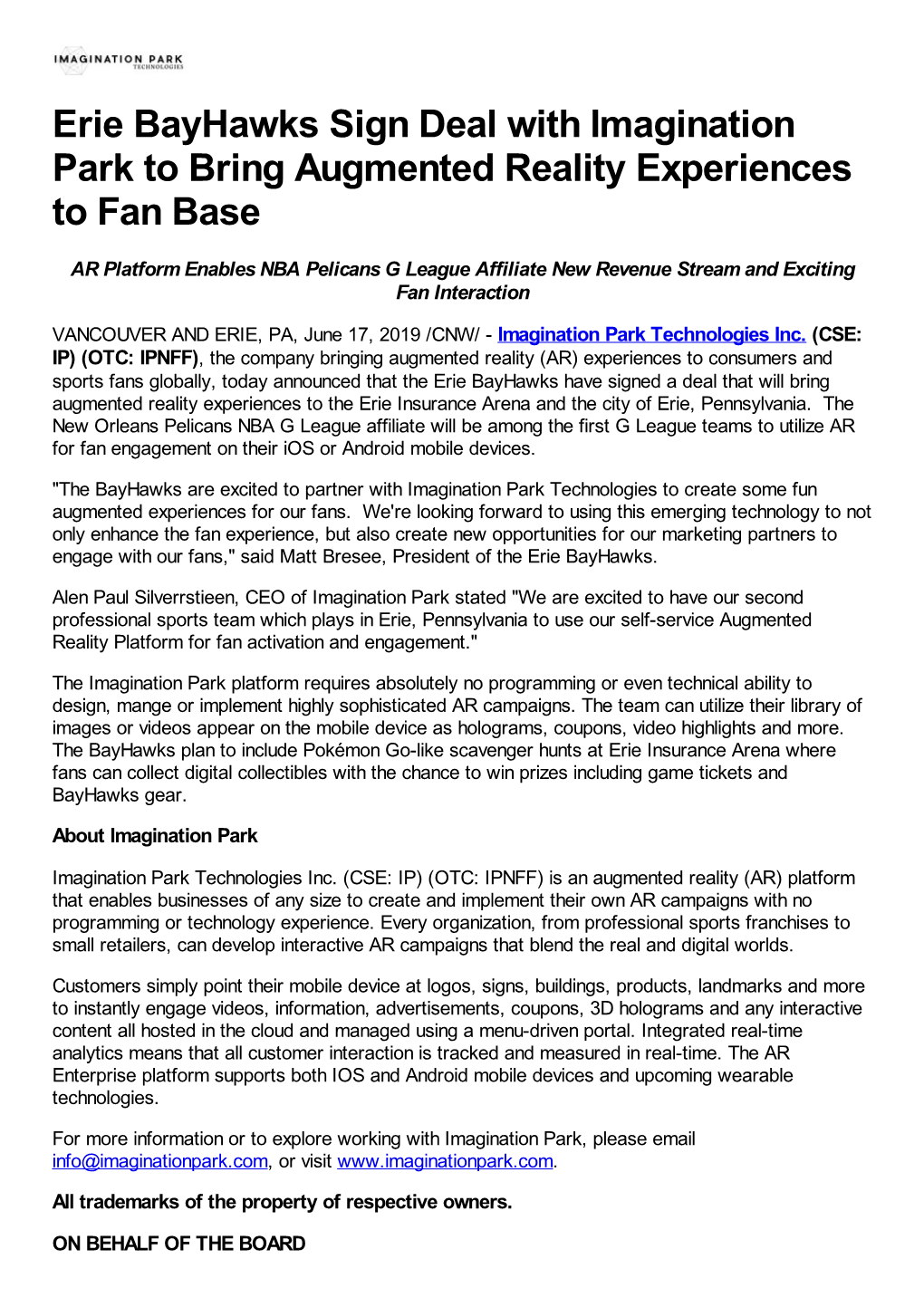 Erie Bayhawks Sign Deal with Imagination Park to Bring Augmented Reality Experiences to Fan Base