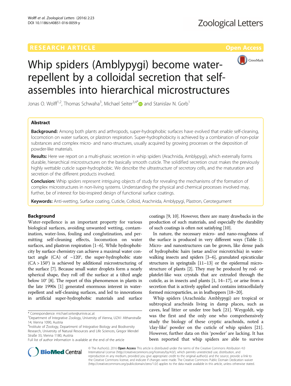 Whip Spiders (Amblypygi) Become Water- Repellent by a Colloidal Secretion That Self- Assembles Into Hierarchical Microstructures Jonas O