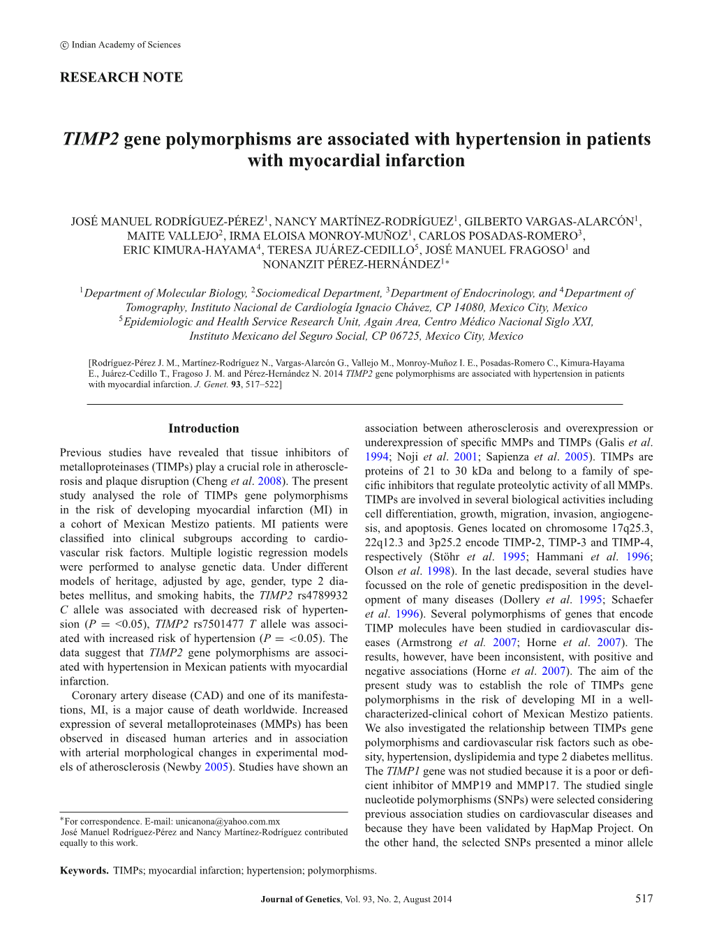 TIMP2 Gene Polymorphisms Are Associated with Hypertension in Patients with Myocardial Infarction