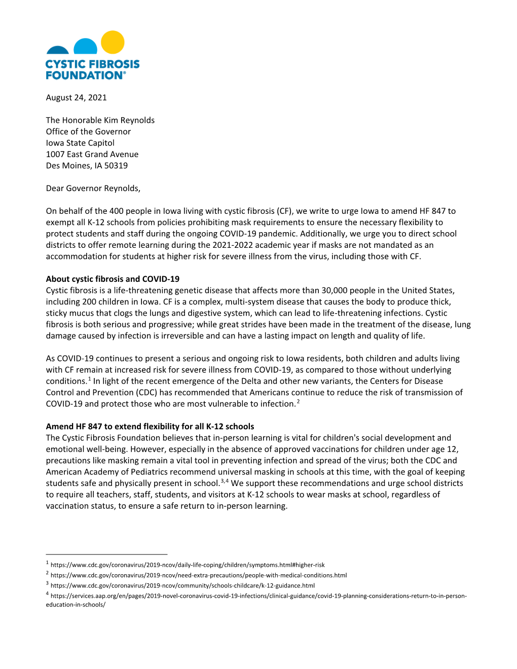 CF Foundation Letter to Iowa Governor on Masks in Schools