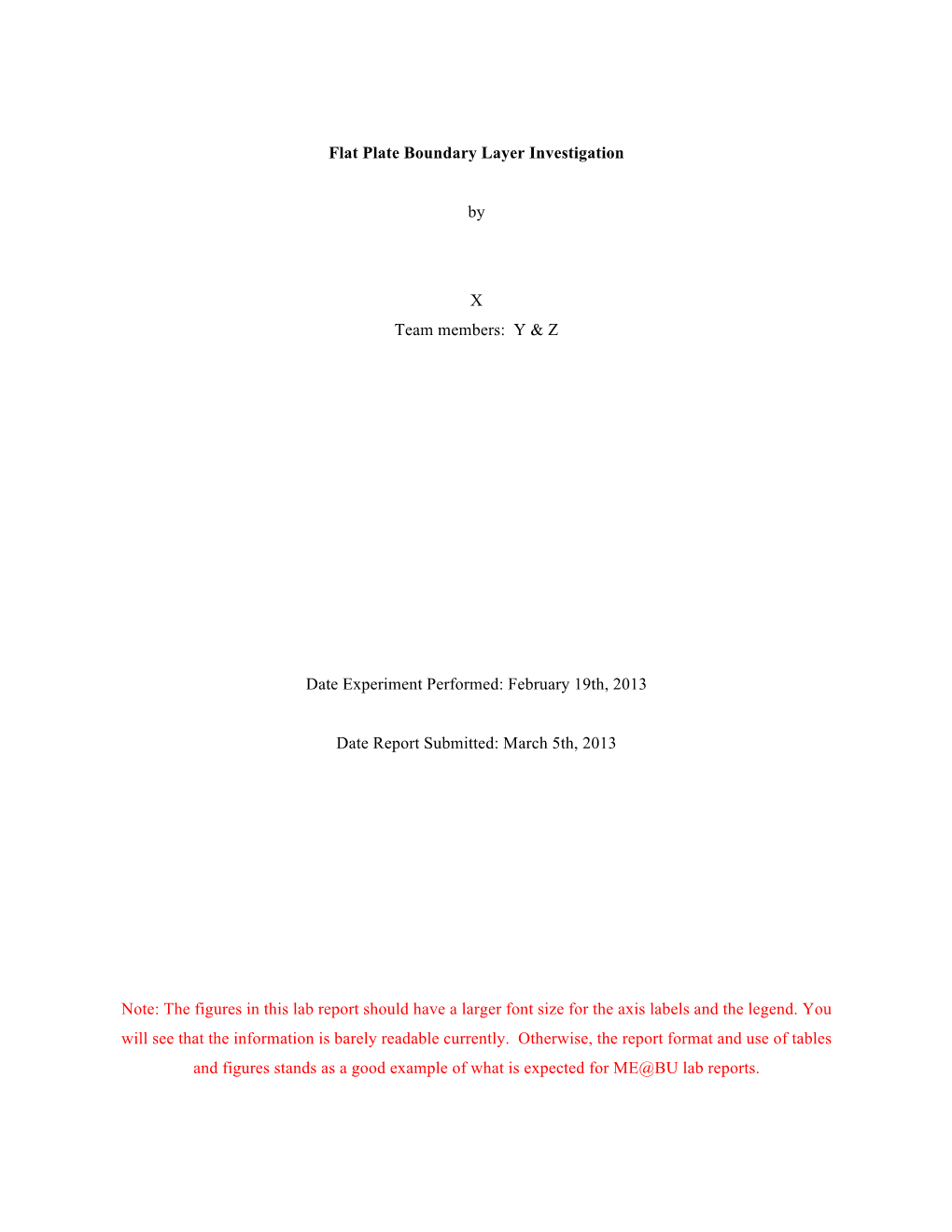 Flat Plate Boundary Layer Investigation by X Team Members: Y & Z Date Experiment Performed: February 19Th, 2013 Date Repor
