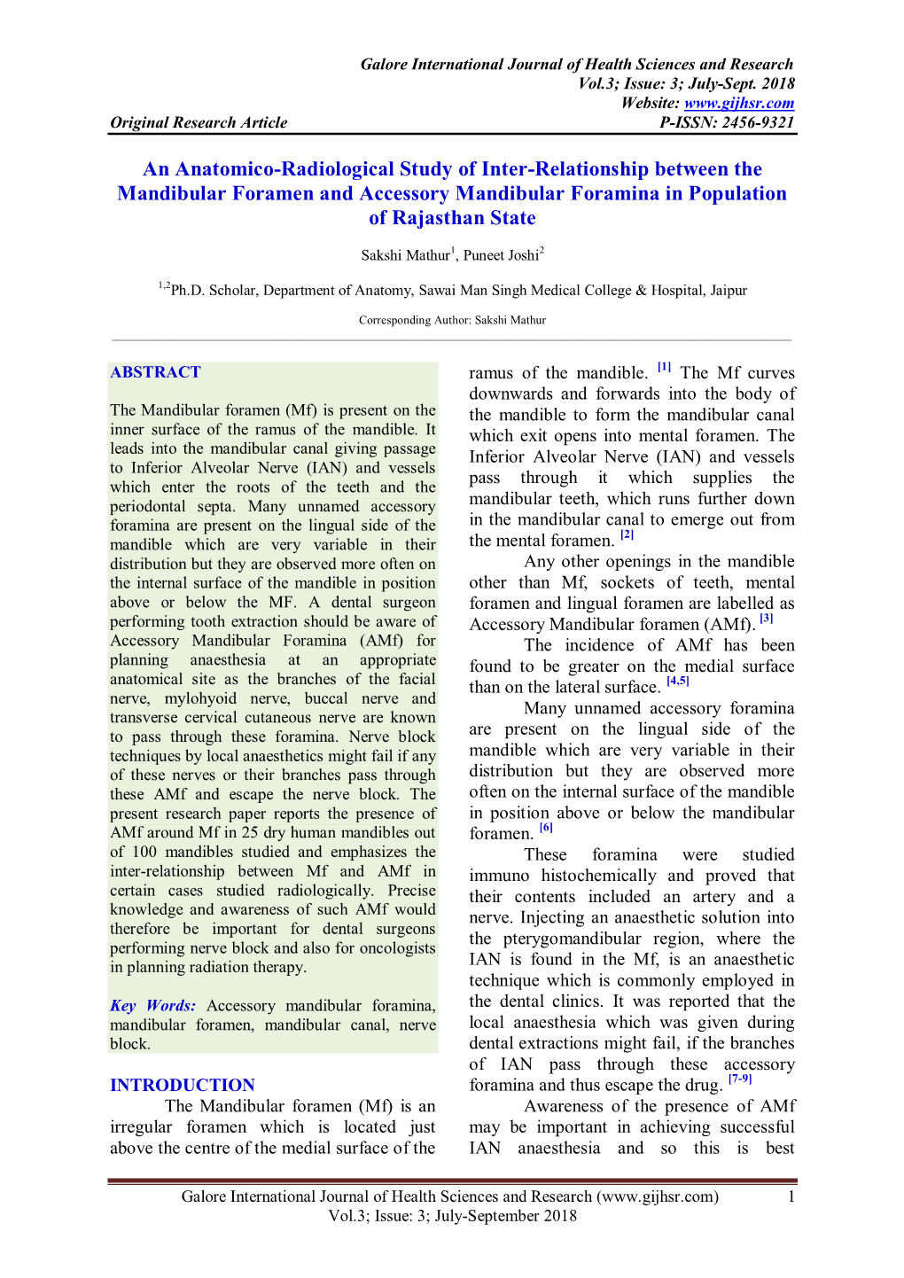An Anatomico-Radiological Study of Inter-Relationship Between the Mandibular Foramen and Accessory Mandibular Foramina in Population of Rajasthan State