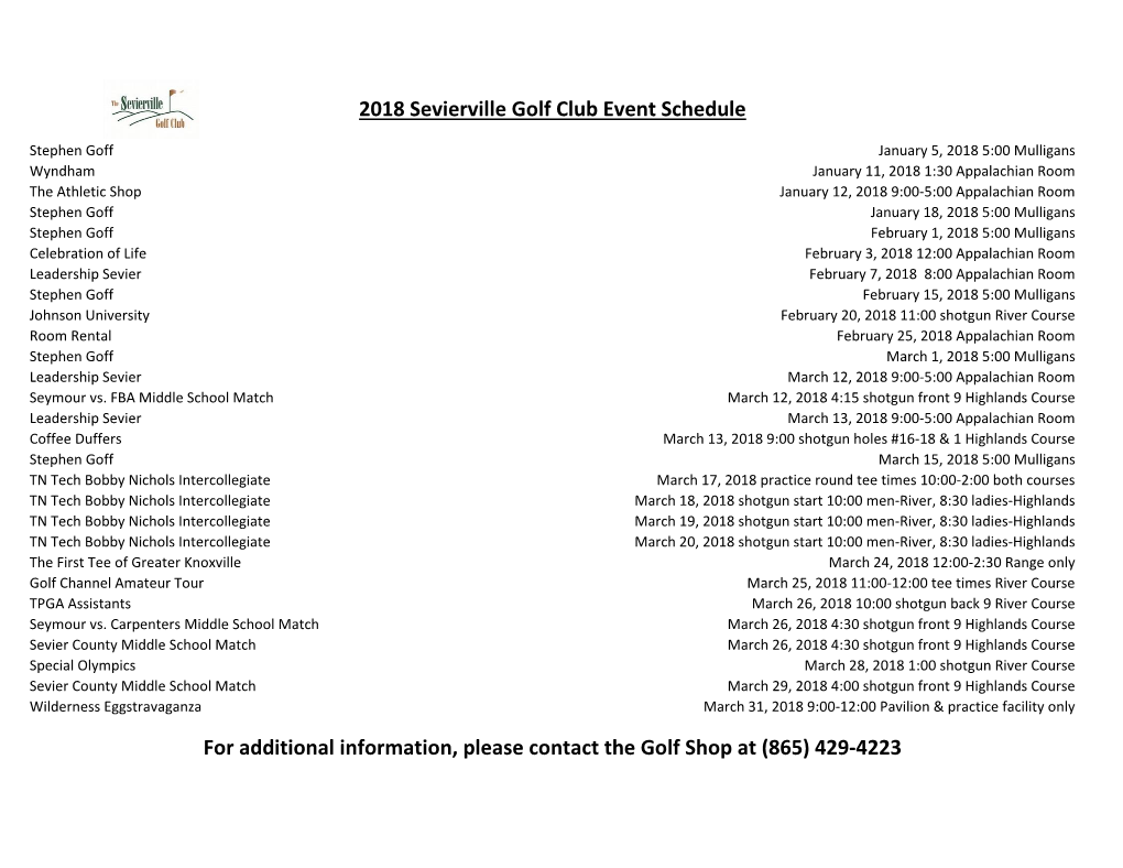 2018 Sevierville Golf Club Event Schedule For
