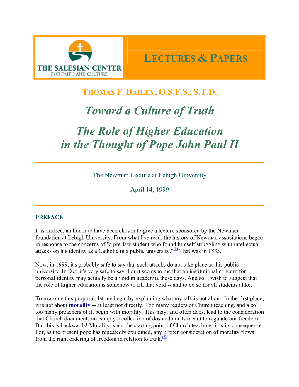 Toward a Culture of Truth the Role of Higher Education in the Thought of Pope John Paul II