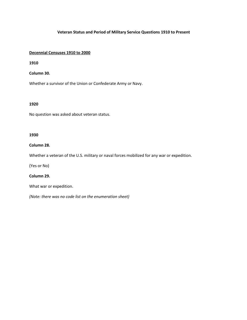 Veteran Status and Period of Military Service Questions 1910 to Present Decennial Censuses 1910 to 2000 1910 Column 30. Whether