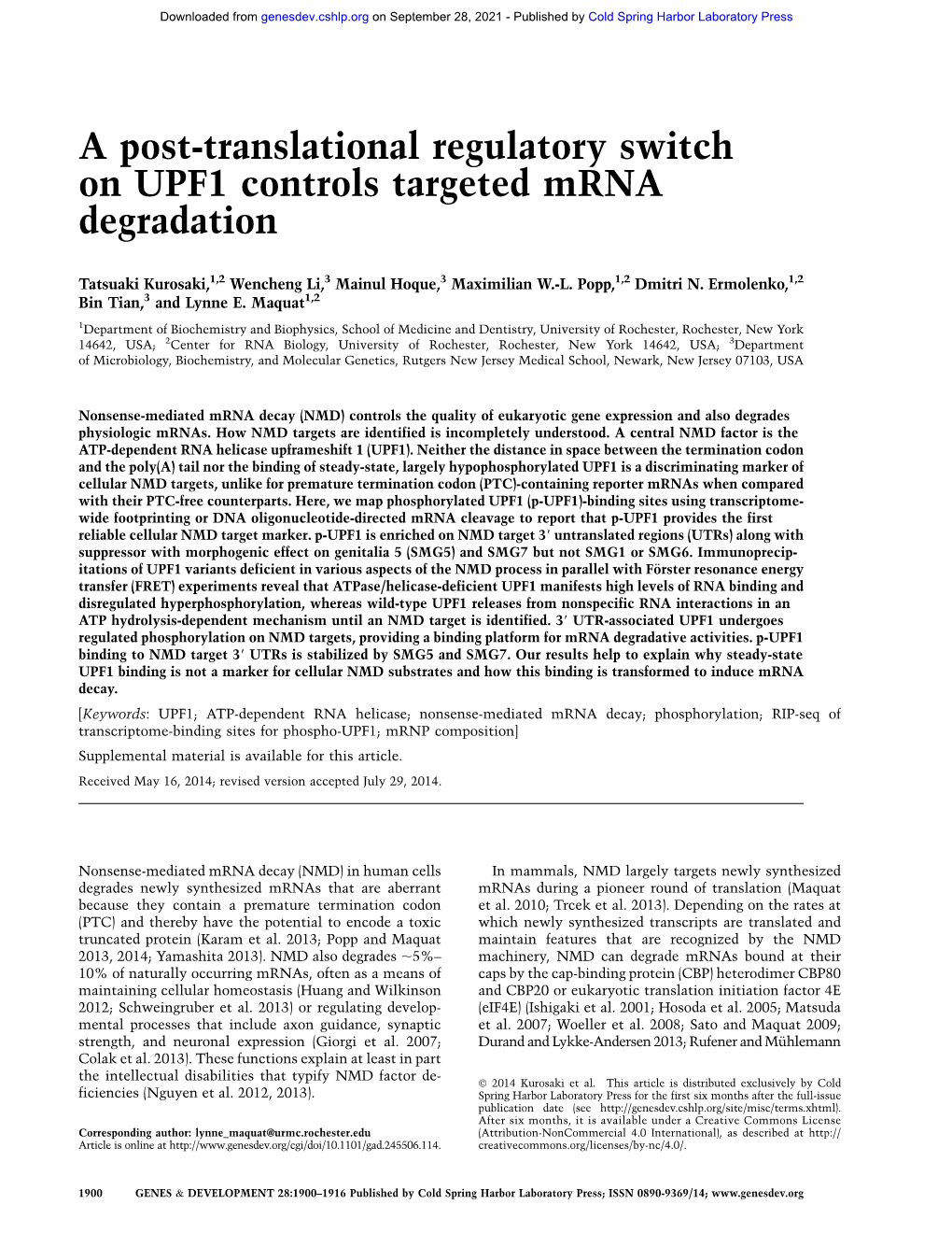 A Post-Translational Regulatory Switch on UPF1 Controls Targeted Mrna Degradation