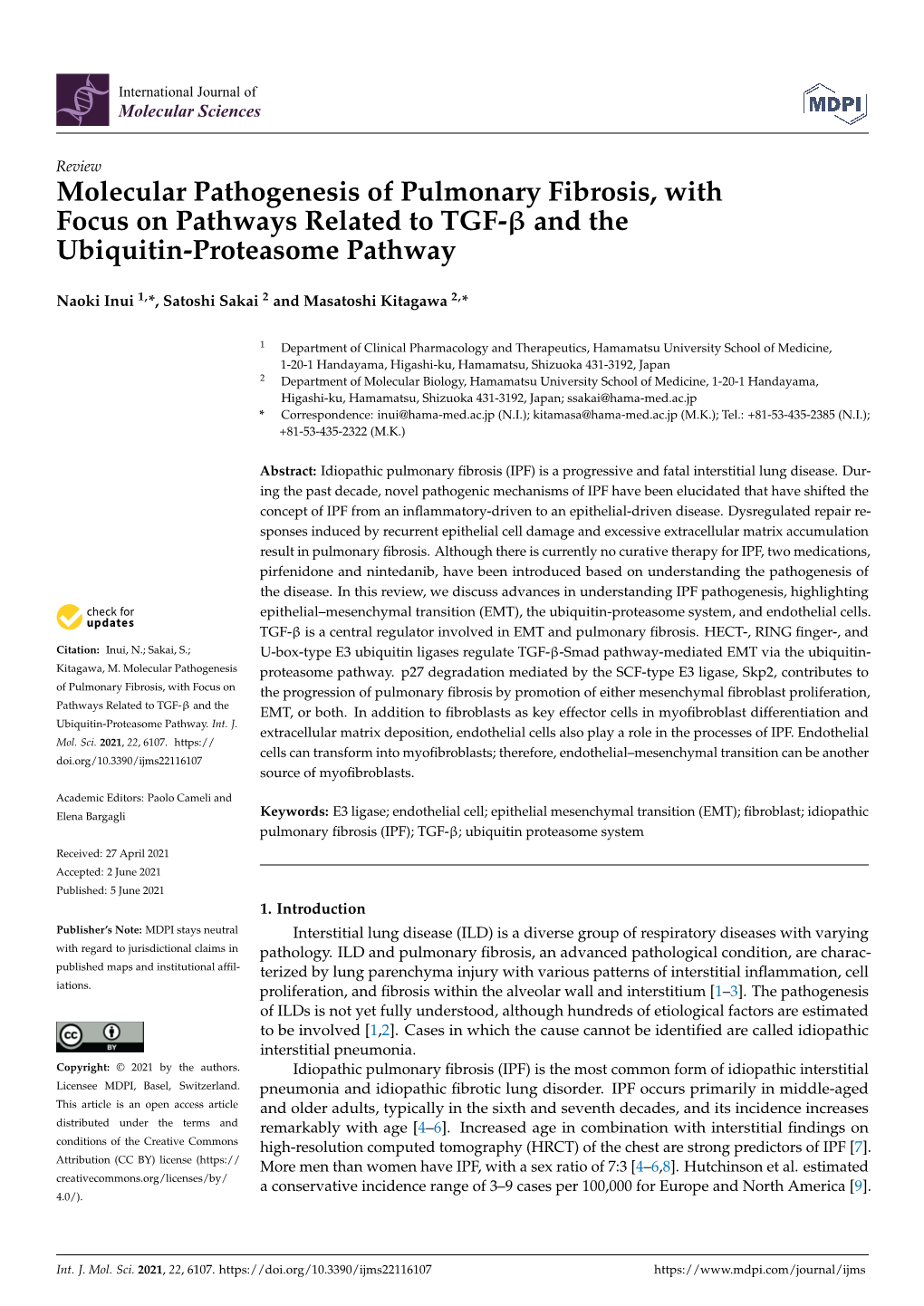 Molecular Pathogenesis of Pulmonary Fibrosis, with Focus on Pathways Related to TGF-Β and the Ubiquitin-Proteasome Pathway