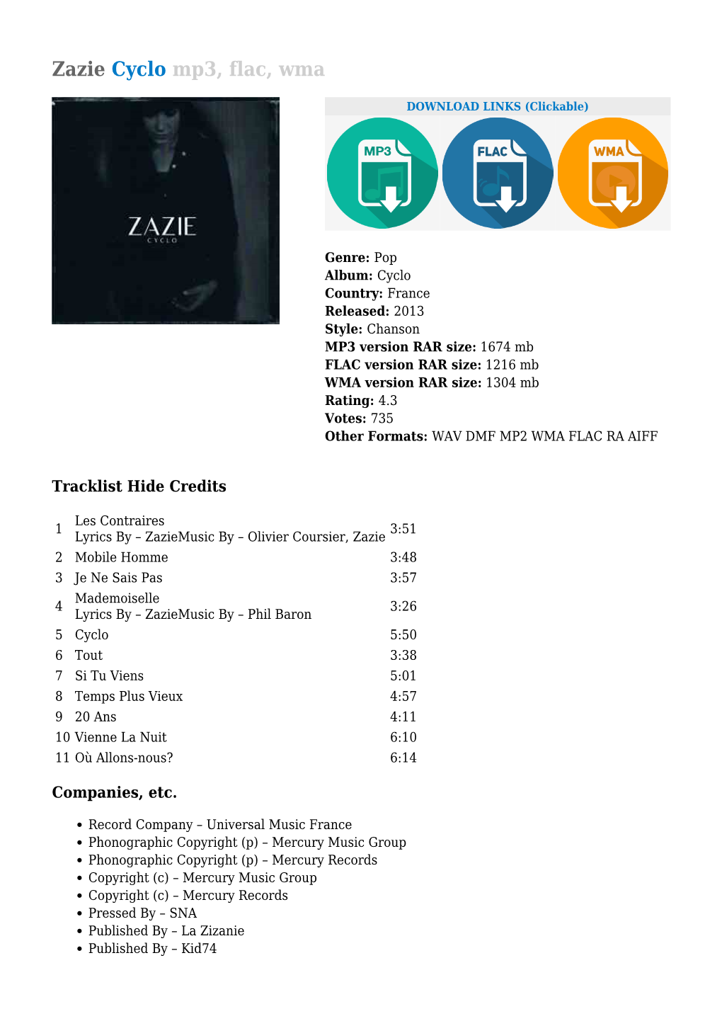 Zazie Cyclo Mp3, Flac, Wma