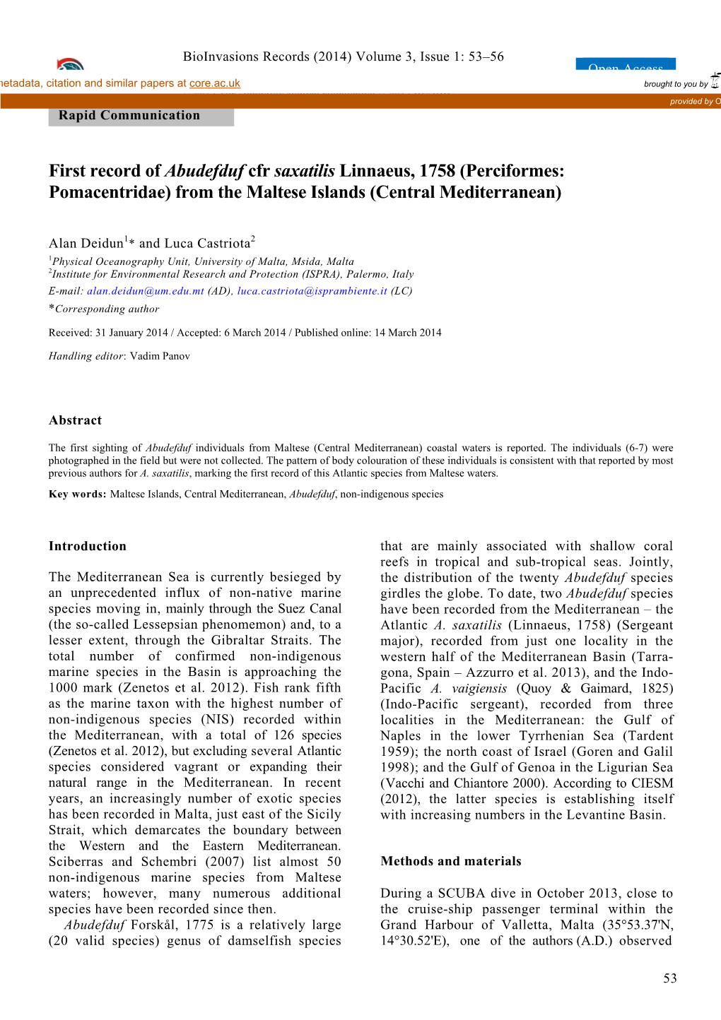 First Record of Abudefduf Cfr Saxatilis Linnaeus, 1758 (Perciformes: Pomacentridae) from the Maltese Islands (Central Mediterranean)