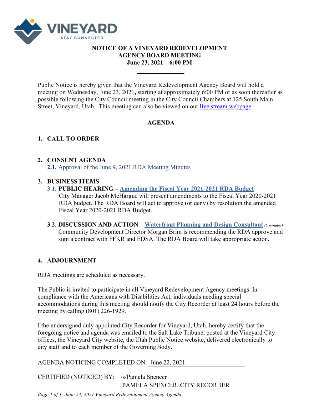 REDEVELOPMENT AGENCY BOARD MEETING June 23, 2021 – 6:00 PM ______