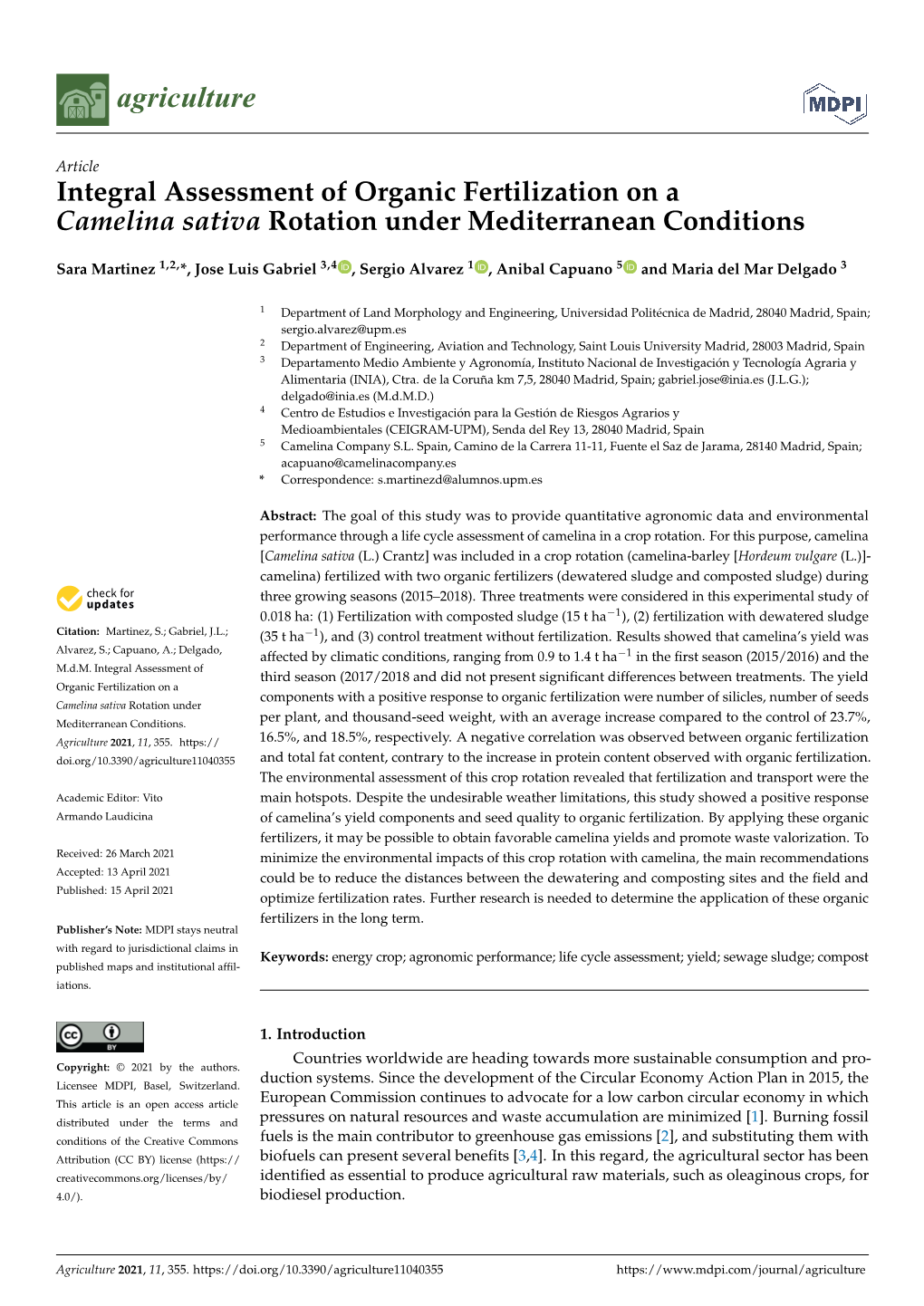 Integral Assessment of Organic Fertilization on a Camelina Sativa Rotation Under Mediterranean Conditions