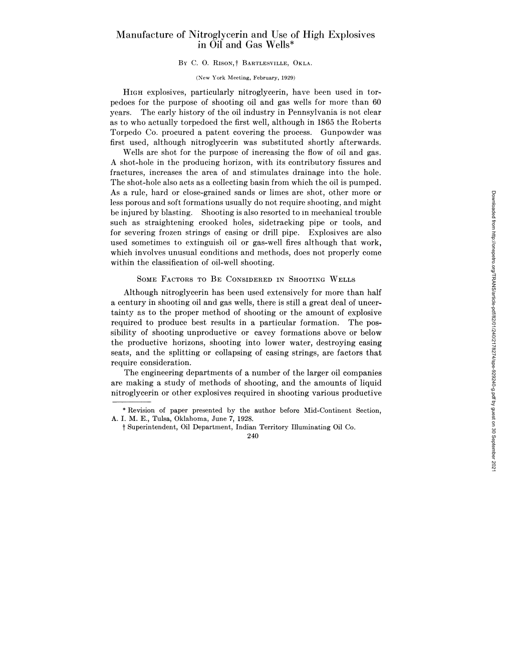 Manufacture of Nitroglycerin and Use of High Explosives in Oil and Gas Wells*