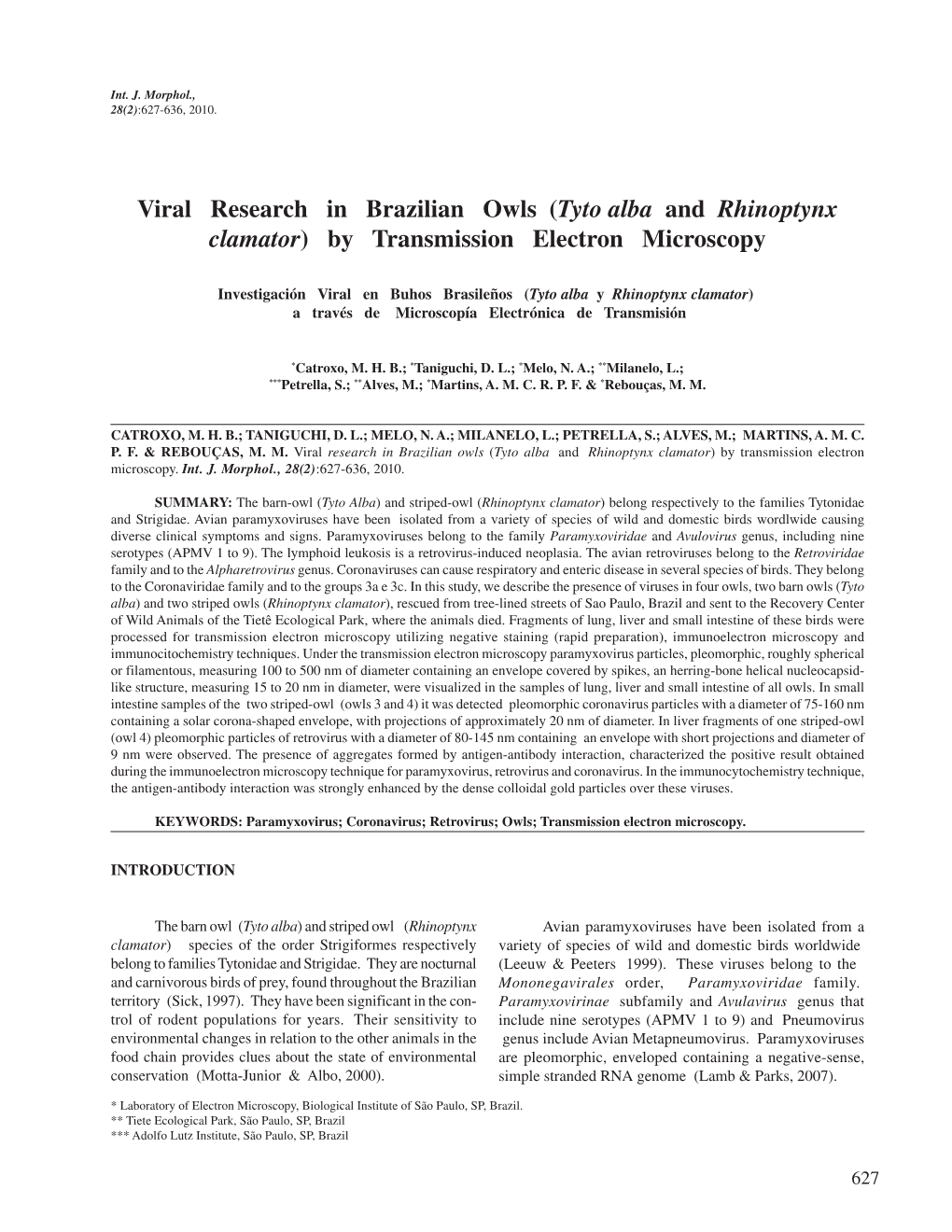 Viral Research in Brazilian Owls (Tyto Alba and Rhinoptynx Clamator) by Transmission Electron Microscopy