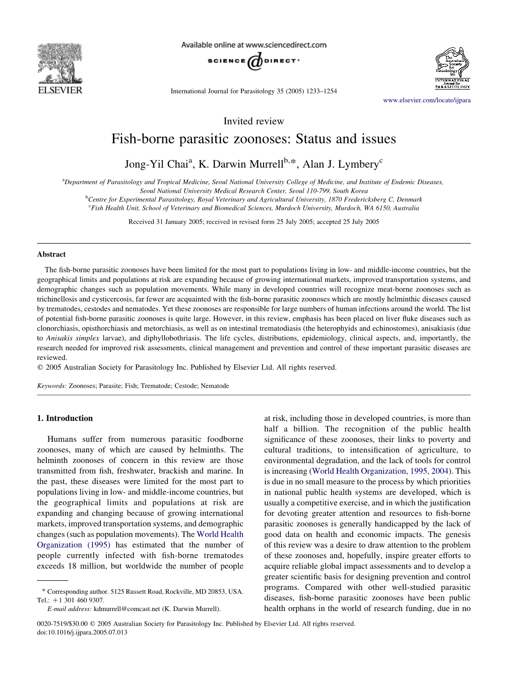 Fish-Borne Parasitic Zoonoses: Status and Issues