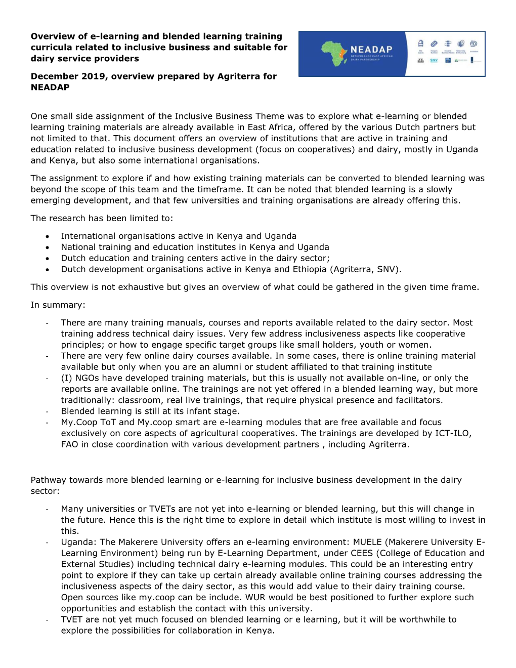 Overview of E-Learning and Blended Learning Training Curricula Related to Inclusive Business and Suitable for Dairy Service Providers