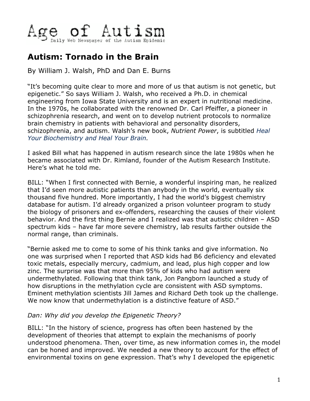 Autism: Tornado in the Brain by William J