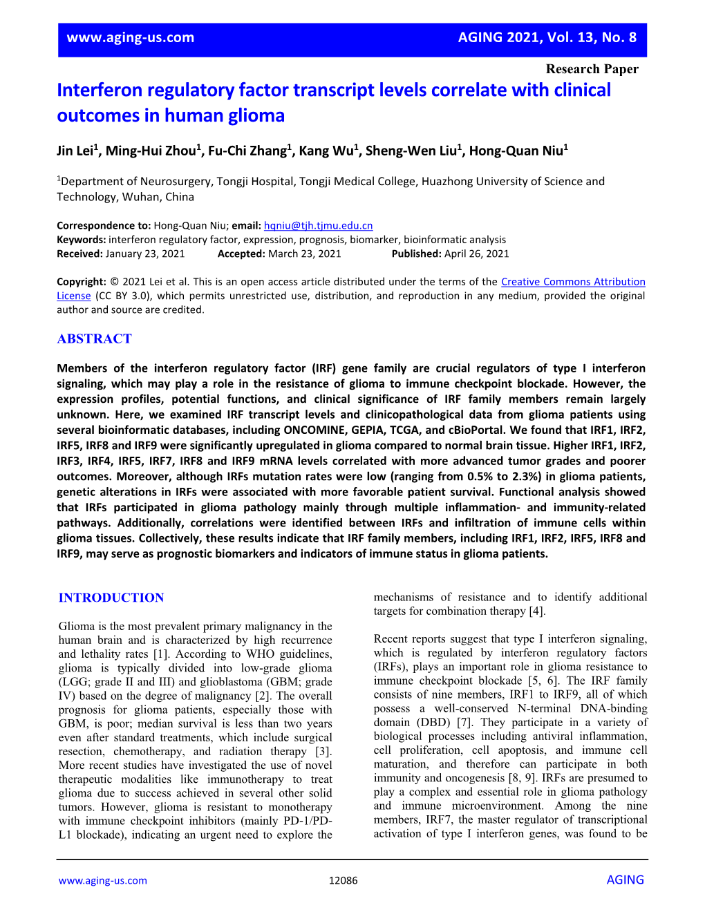 Interferon Regulatory Factor Transcript Levels Correlate with Clinical Outcomes in Human Glioma