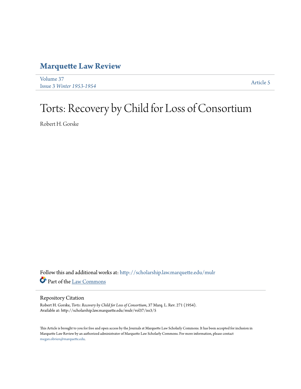 Torts: Recovery by Child for Loss of Consortium Robert H