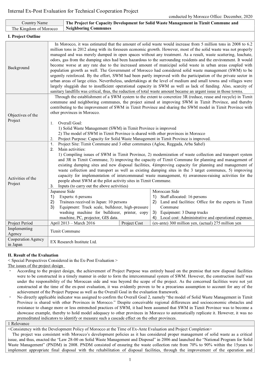 Internal Ex-Post Evaluation for Technical Cooperation Project