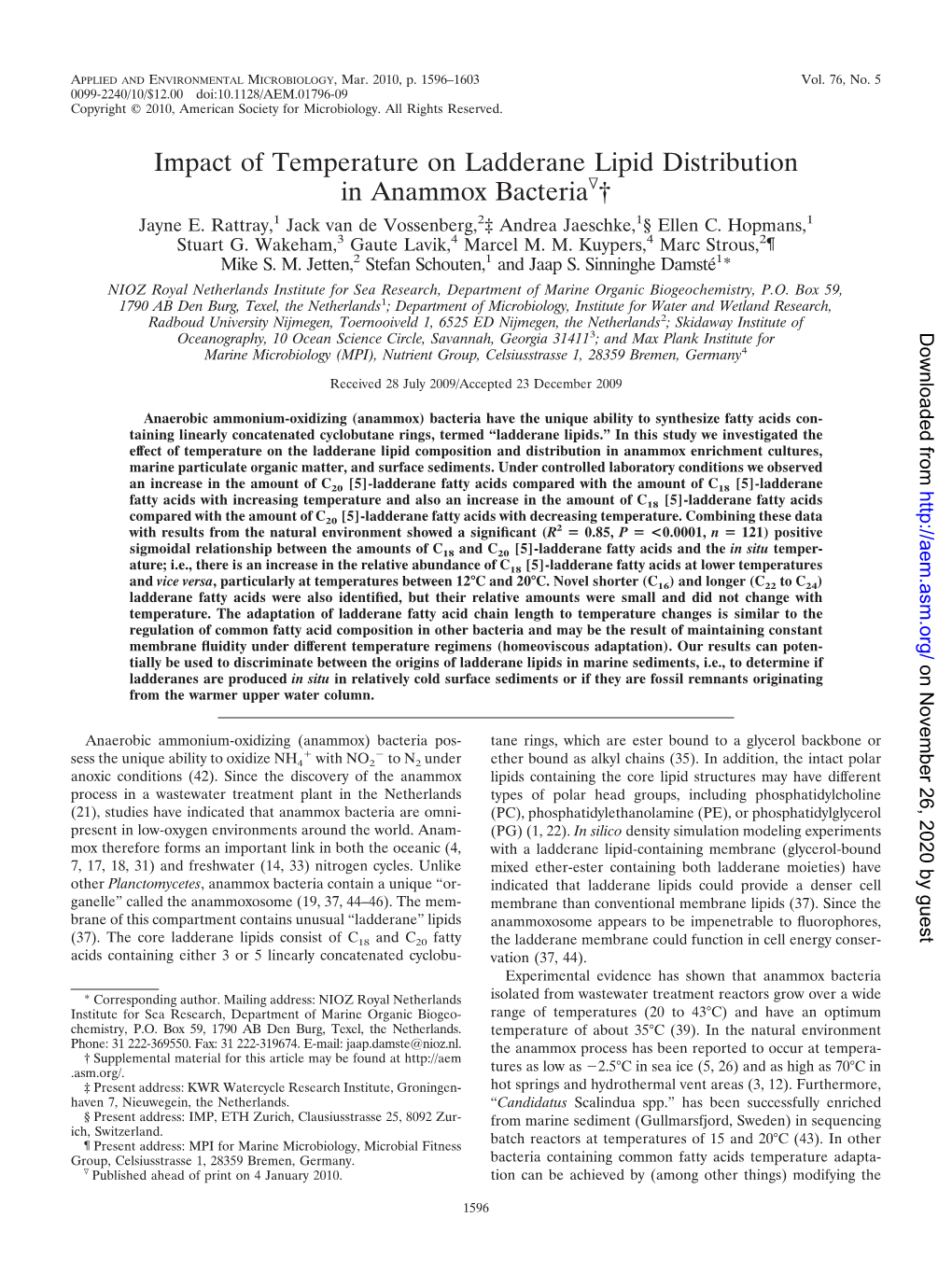 Impact of Temperature on Ladderane Lipid Distribution in Anammox Bacteriaᰔ† Jayne E