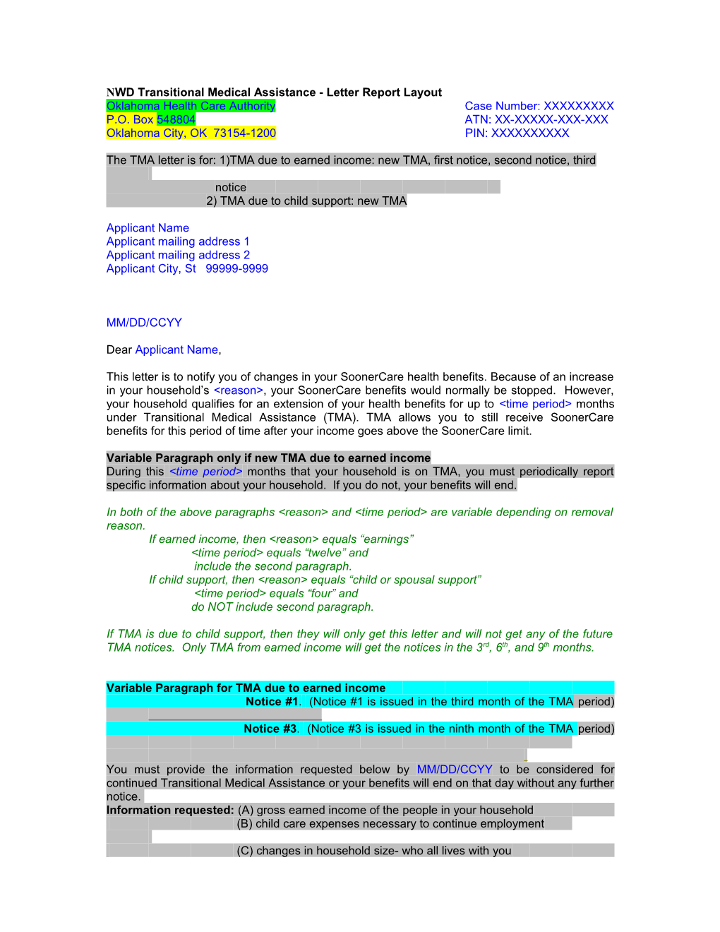 NWD Transitional Medical Assistance - Letter Report Layout