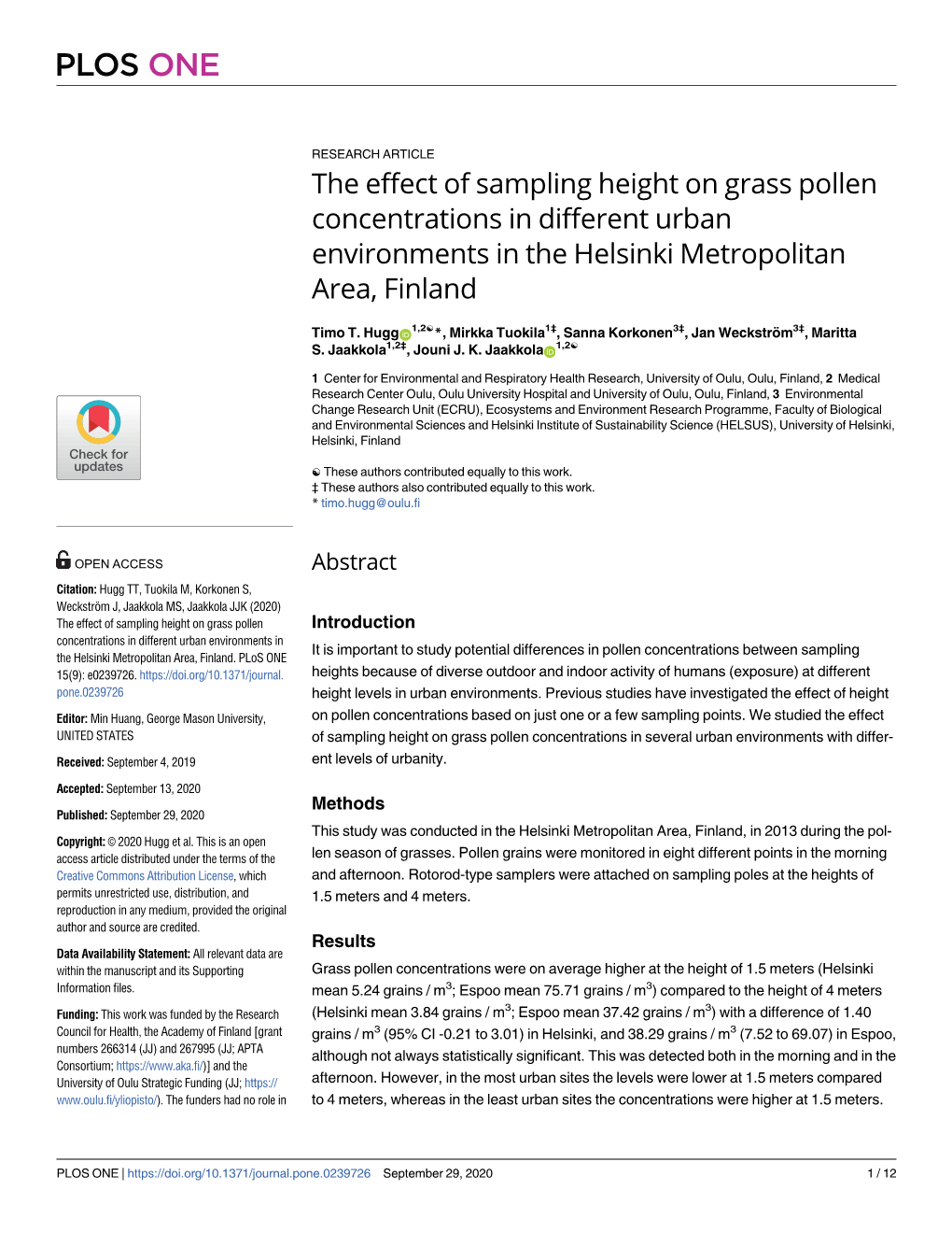 The Effect of Sampling Height on Grass Pollen Concentrations in Different Urban Environments in the Helsinki Metropolitan Area, Finland