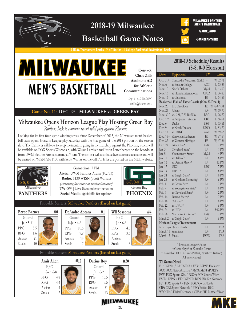 2015-16 Milwaukee Basketball GAME NOTES 2018-19 Milwaukee