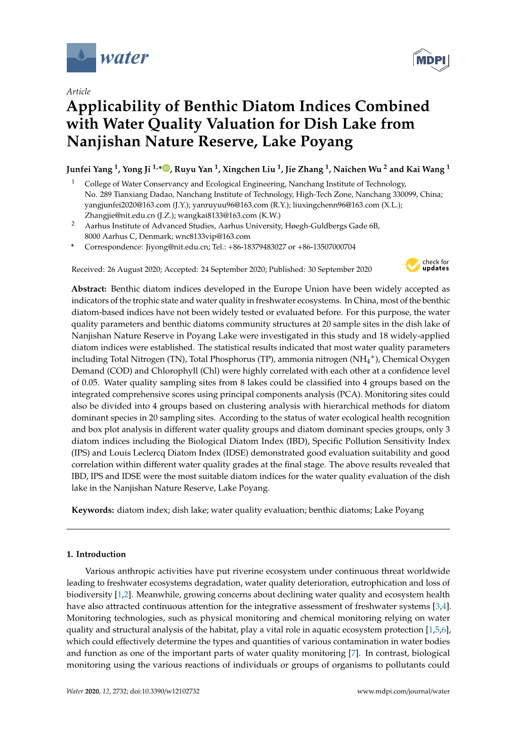 Applicability of Benthic Diatom Indices Combined with Water Quality Valuation for Dish Lake from Nanjishan Nature Reserve, Lake Poyang