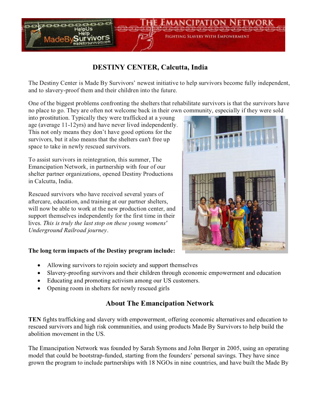DESTINY CENTER, Calcutta, India About the Emancipation Network