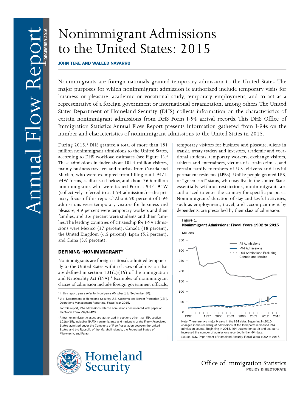 Nonimmigrant Admissions to the United States: 2015 DEC EMBER 2016 JOHN TEKE and WALEED NAVARRO