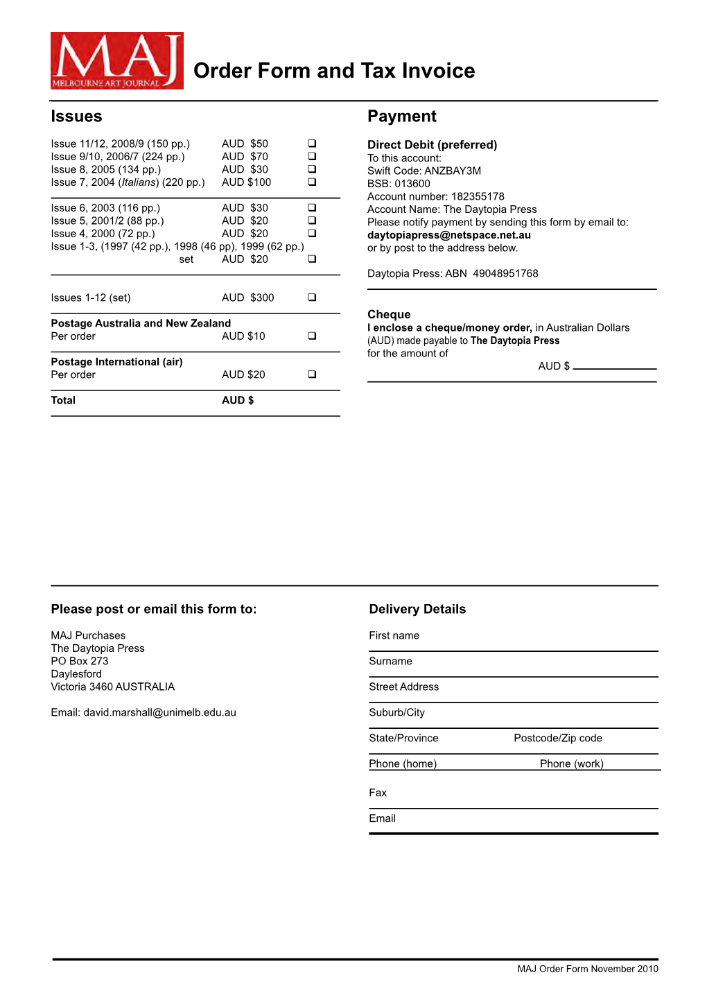 MAJ Order Form November 2010 Issues