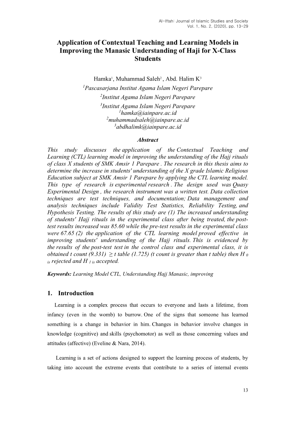 Application of Contextual Teaching and Learning Models in Improving the Manasic Understanding of Haji for X-Class Students