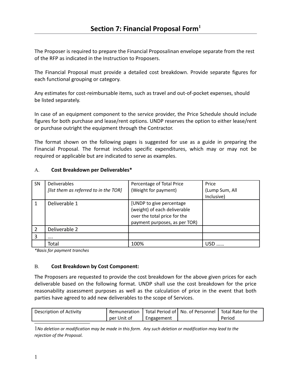 Section 7: Financial Proposal Form 1