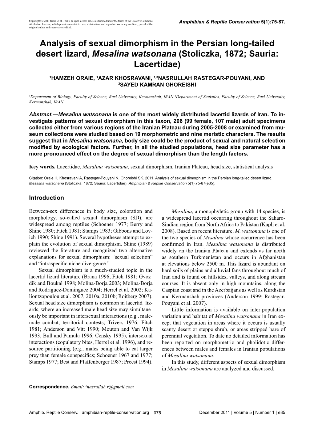 Analysis of Sexual Dimorphism in the Persian Long-Tailed Desert Lizard, Mesalina Watsonana (Stoliczka, 1872; Sauria: Lacertidae)