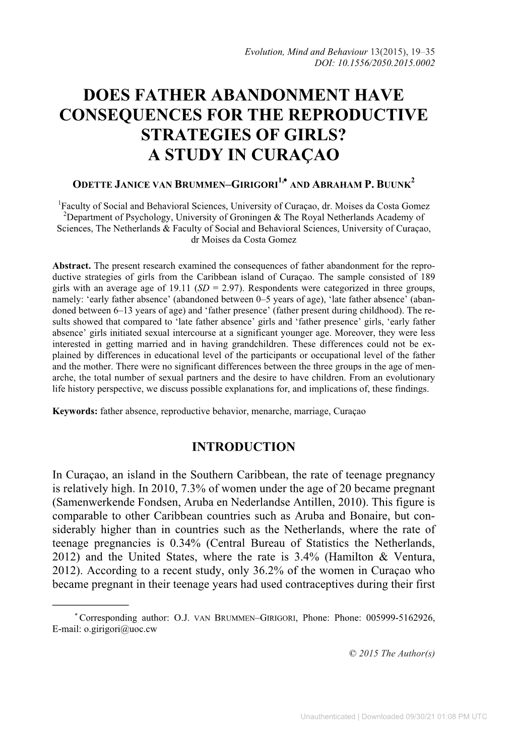 Does Father Abandonment Have Consequences for the Reproductive Strategies of Girls? a Study in Curaçao