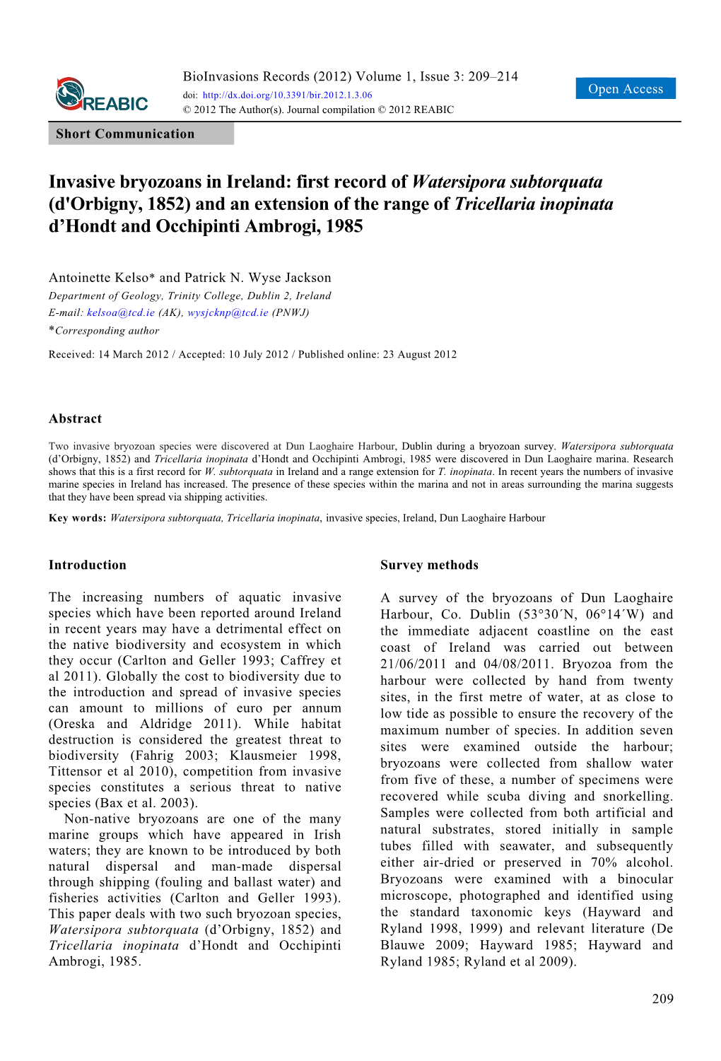 Invasive Bryozoans in Ireland: First Record of Watersipora