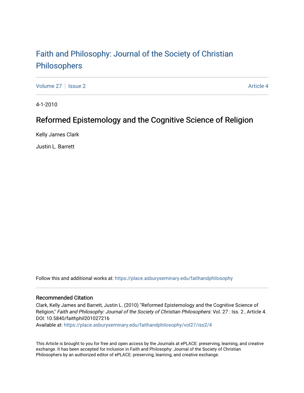 Reformed Epistemology and the Cognitive Science of Religion