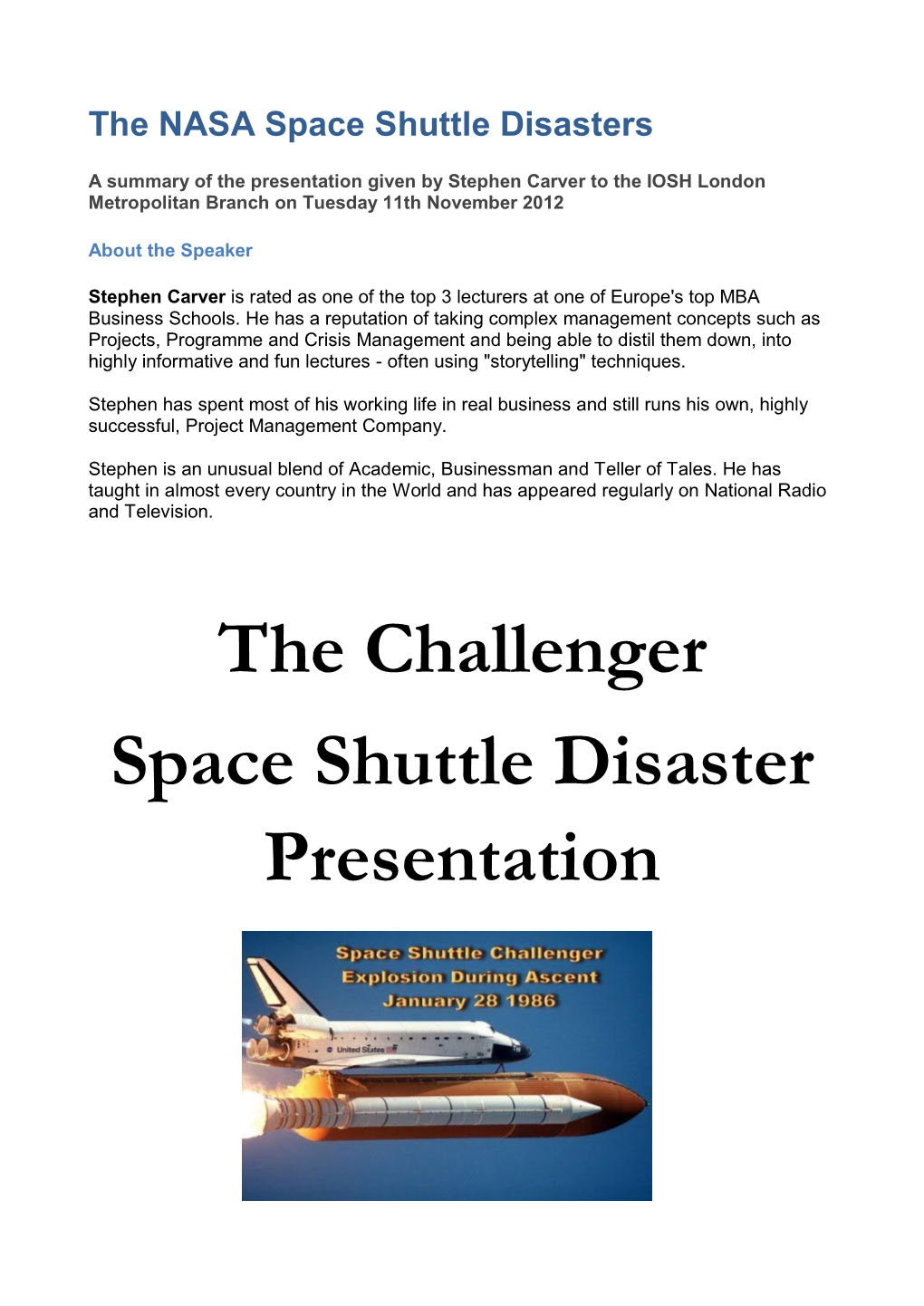 The Challenger Space Shuttle Disaster Presentation