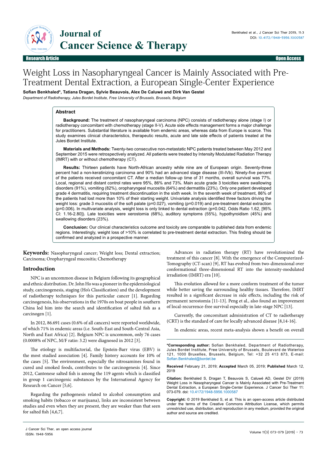 Weight Loss in Nasopharyngeal Cancer Is Mainly Associated With