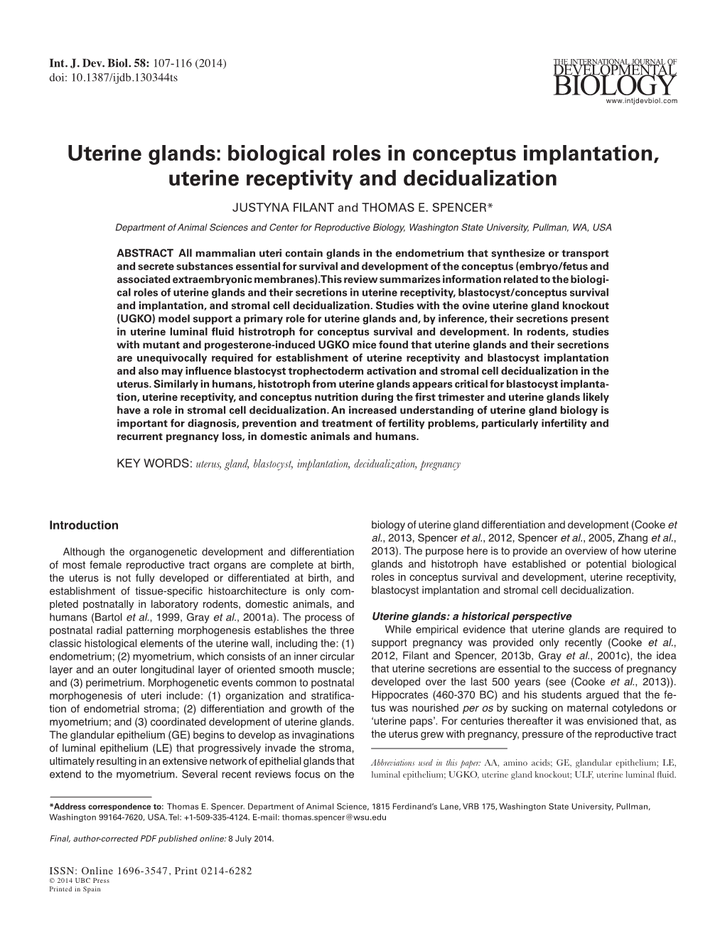 Uterine Glands: Biological Roles in Conceptus Implantation, Uterine Receptivity and Decidualization JUSTYNA FILANT and THOMAS E