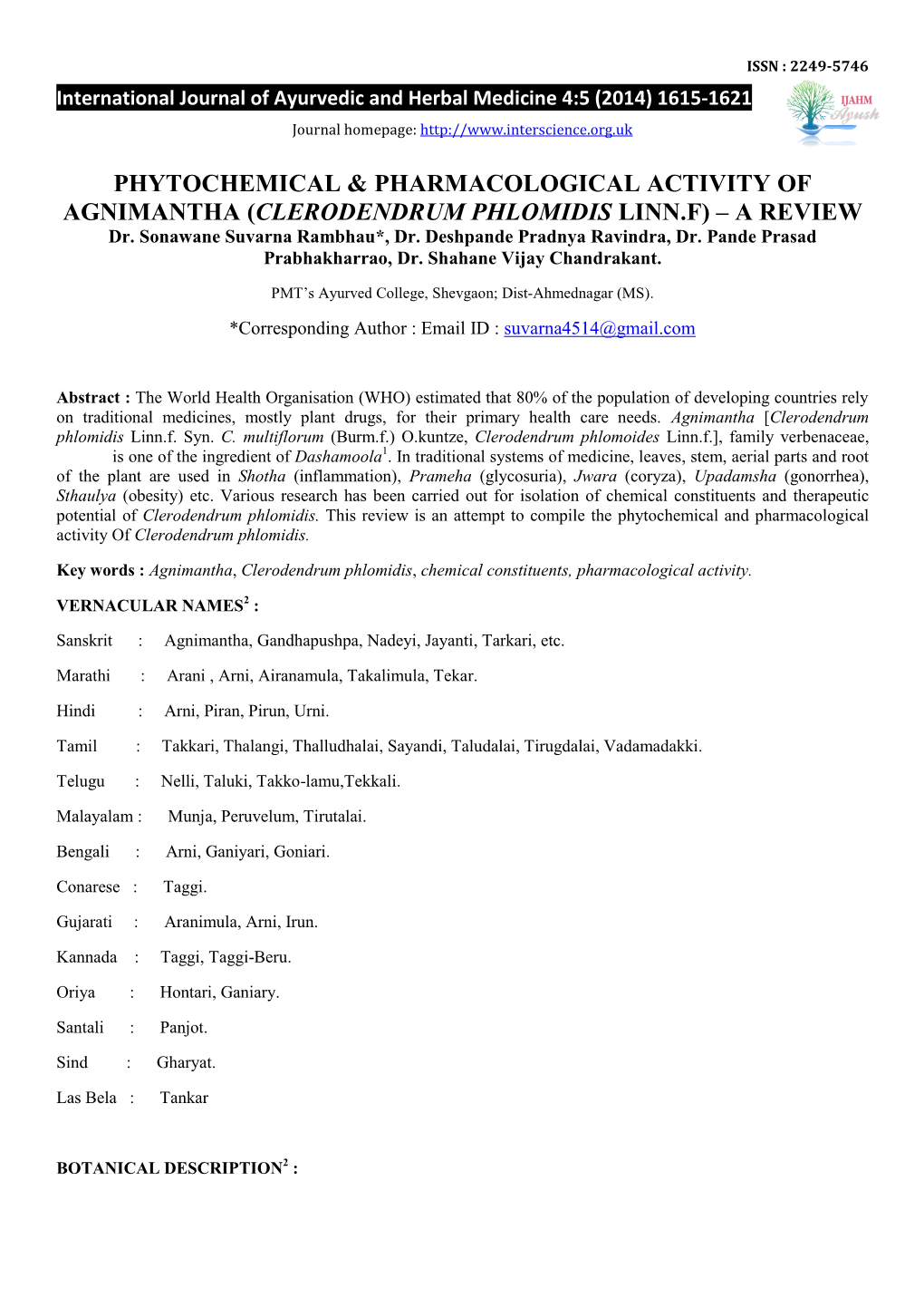 Phytochemical & Pharmacological Activity of Agnimantha (Clerodendrum Phlomidis Linn.F) – a Review