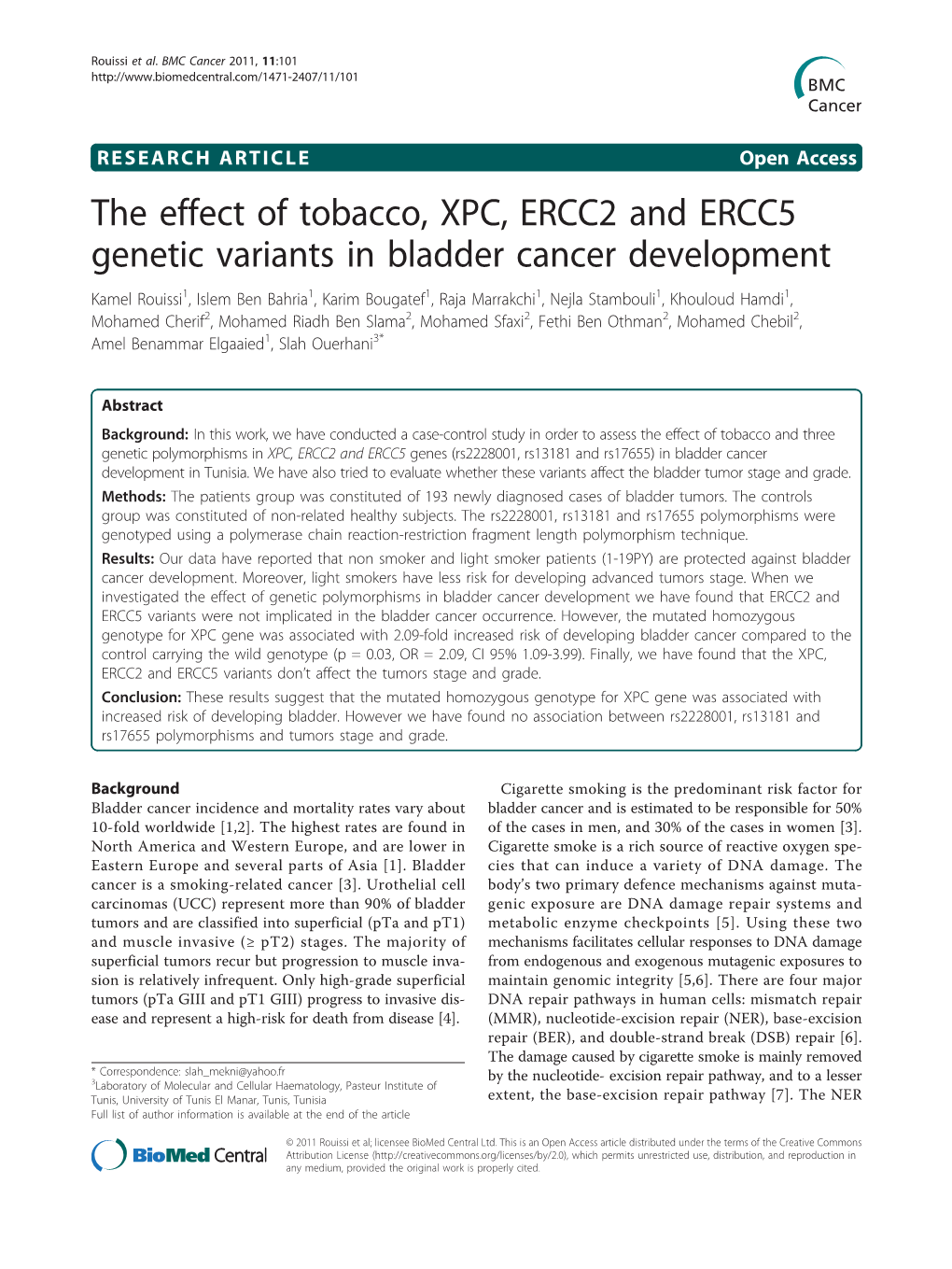 The Effect of Tobacco, XPC, ERCC2 and ERCC5 Genetic Variants in Bladder Cancer Development