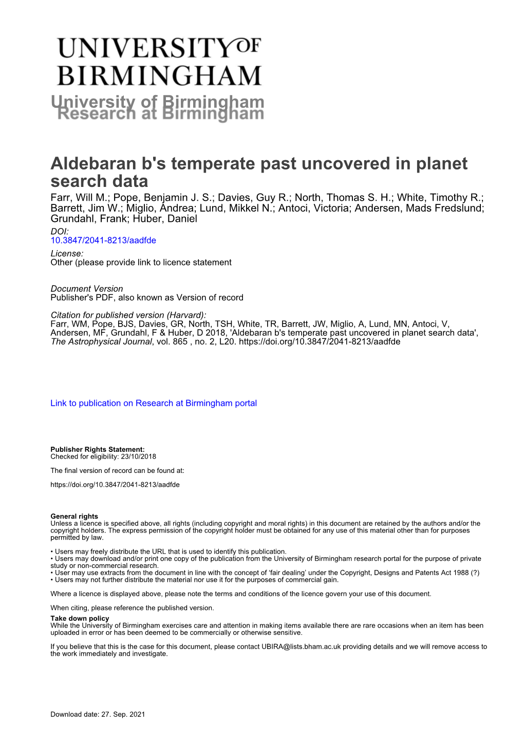 Aldebaran B's Temperate Past Uncovered in Planet Search Data Farr, Will M.; Pope, Benjamin J